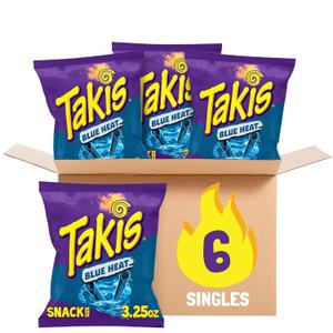 Takis Blue Heat 6 pc / 3.25 oz Snack Size Case, Hot Chili Pepper Flavored Extreme Spicy Rolled Tortilla Chips (EXP 09/10/26)