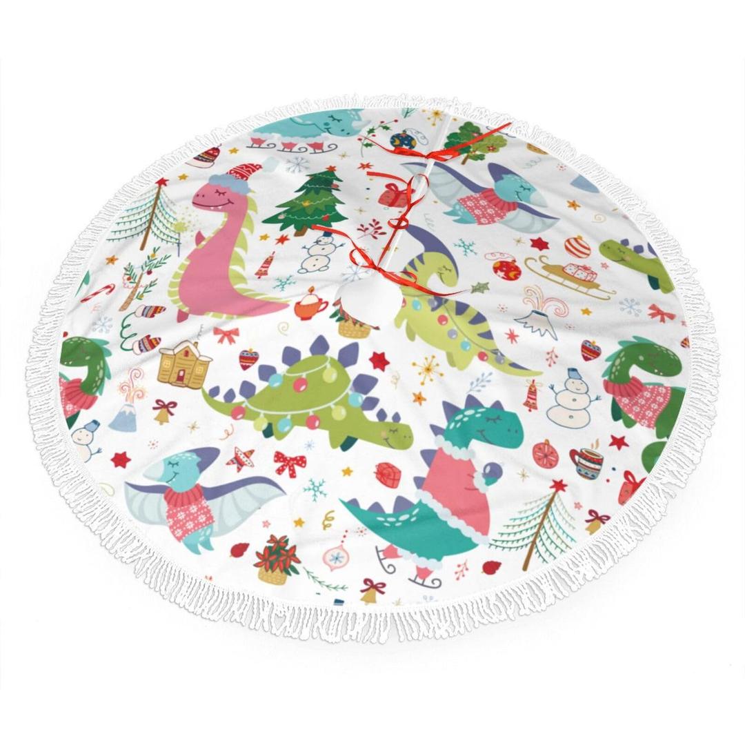 Christmas Dinosaur Christmas Tree Skirt 48 Inch Tree Skirt for Holiday Christmas Decorations Xmas Tree Skirt with White Fringed Border