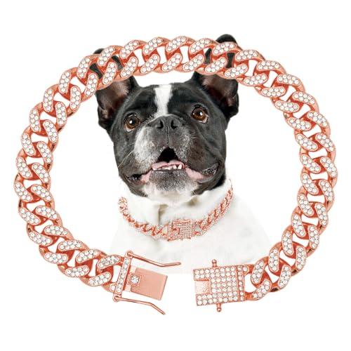 Rose Gold Dog Chain Collars Girl Dog Collars Collar Crystal Dog Necklace Link Chain Collar Chain Dog Collar for Small, Medium and Large Dogs(Rose Gold, 16 Inch)