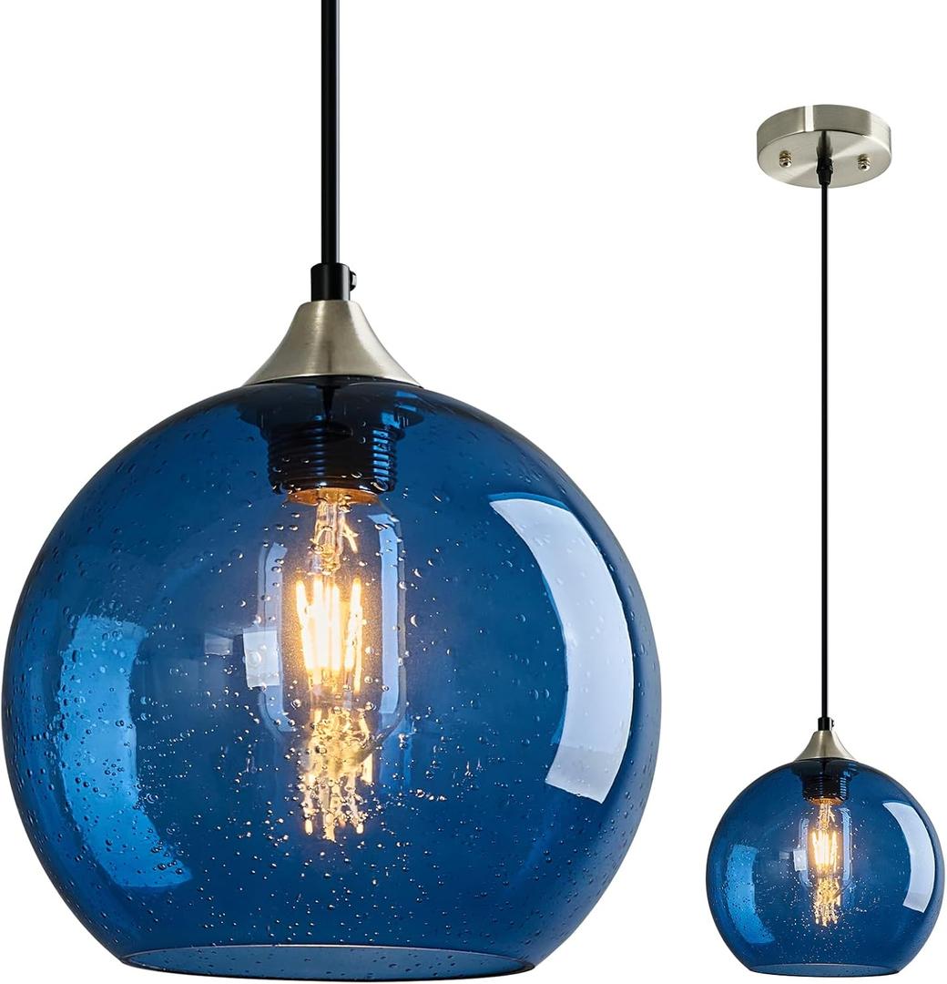 LBSQJ Blue Glass Pendant Lights Kitchen Island Lighting Globe Pendant Light Fixtures Modern Pendant Lighting for Kitchen Island Bedroom Living Dining Room Light Fixture(7.87in, 1-Pack)