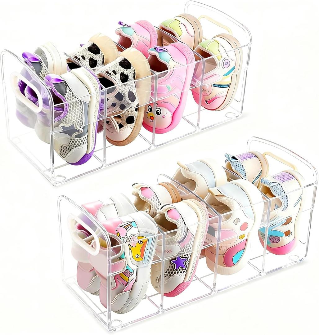 Clear Acrylic Kids Shoe Rack for Closet, Baby Shoe Organizer and Storage, 4 Sections Toddler Shoe Storage Organizer for Closet, Desk File Sorter Book Purse Organizers (2 Pcs)