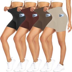 FULLSOFT 4 Pack Biker Shorts for Women with Pockets  5" High Waisted Tummy Control Workout Yoga Running Gym Tennis Shorts (Small-Medium, 3-4 Pack Black/Deep Red/Mocha/Khaki)