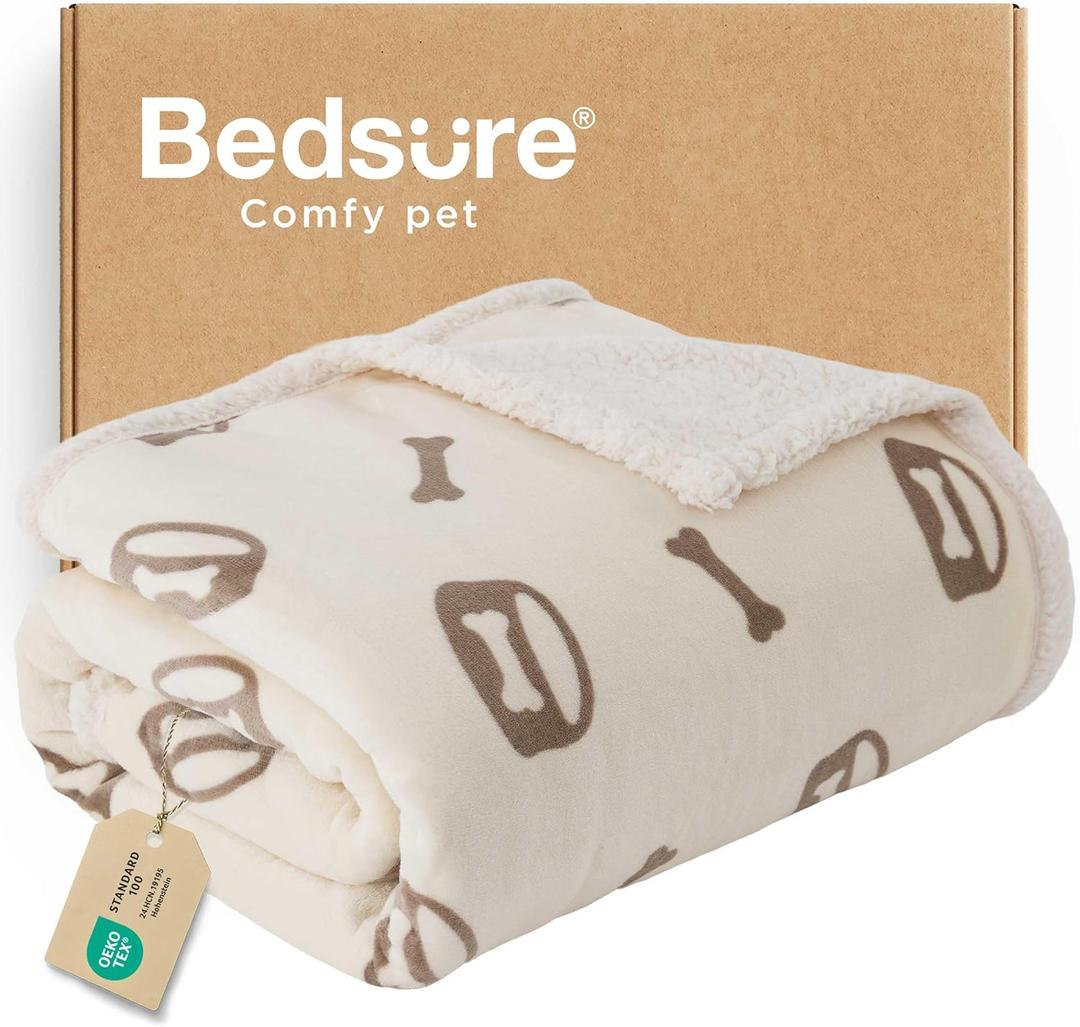 Bedsure Waterproof Dog Blankets for Large Dogs - Soft Print Sherpa Fleece Pet Cat Blanket Washable for Couch Bed Protection, Cozy Plush Reversible Throw Furniture Protector, 50"x60", Beige