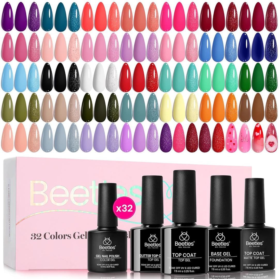 beetles Summer Gel Polish Set - Fingertip Palette, 32 Colors Polish Set with Base Top Coat Pink Red Blue Purple Brown Yellow Green Black White Uv LED Lamp Nails Gifts for Women
