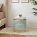 Round Storage Ottoman with Reversible Tray Lid, Folding Chenille Fabric Footrest with Hidden Storage, 15.4" Footstool for Small Spaces Living Room Bedroom, Wood Grain Base, Sage Green, 15.4"D x 15.4"W x 14.6"H
