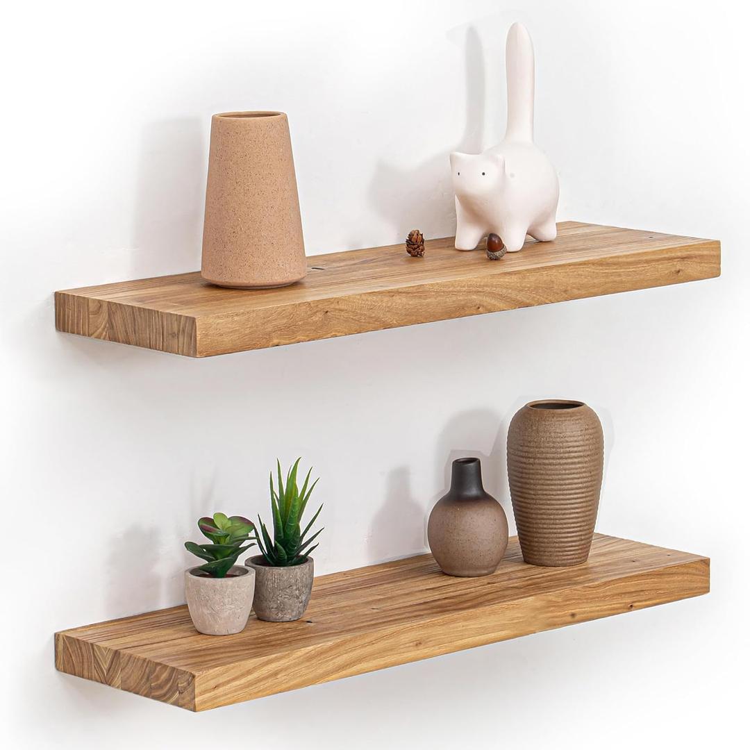 Fun Memories Floating Shelves for Wall, 24"x9.3" Rustic Solid Elm Wood Shelves, Heavy-Duty Wall Mounted Shelves with Invisible Brackets, Set of 2 for Living Room, Bedroom, Kitchen, Natural Finish