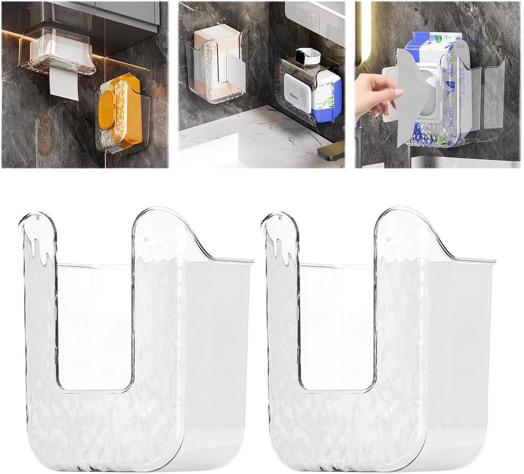 2 Pcs Clear Wipes Dispenser, Holder for Kitchen & Bathroom, Refillable Container Box, Wall Mounted Tissue Box Holder