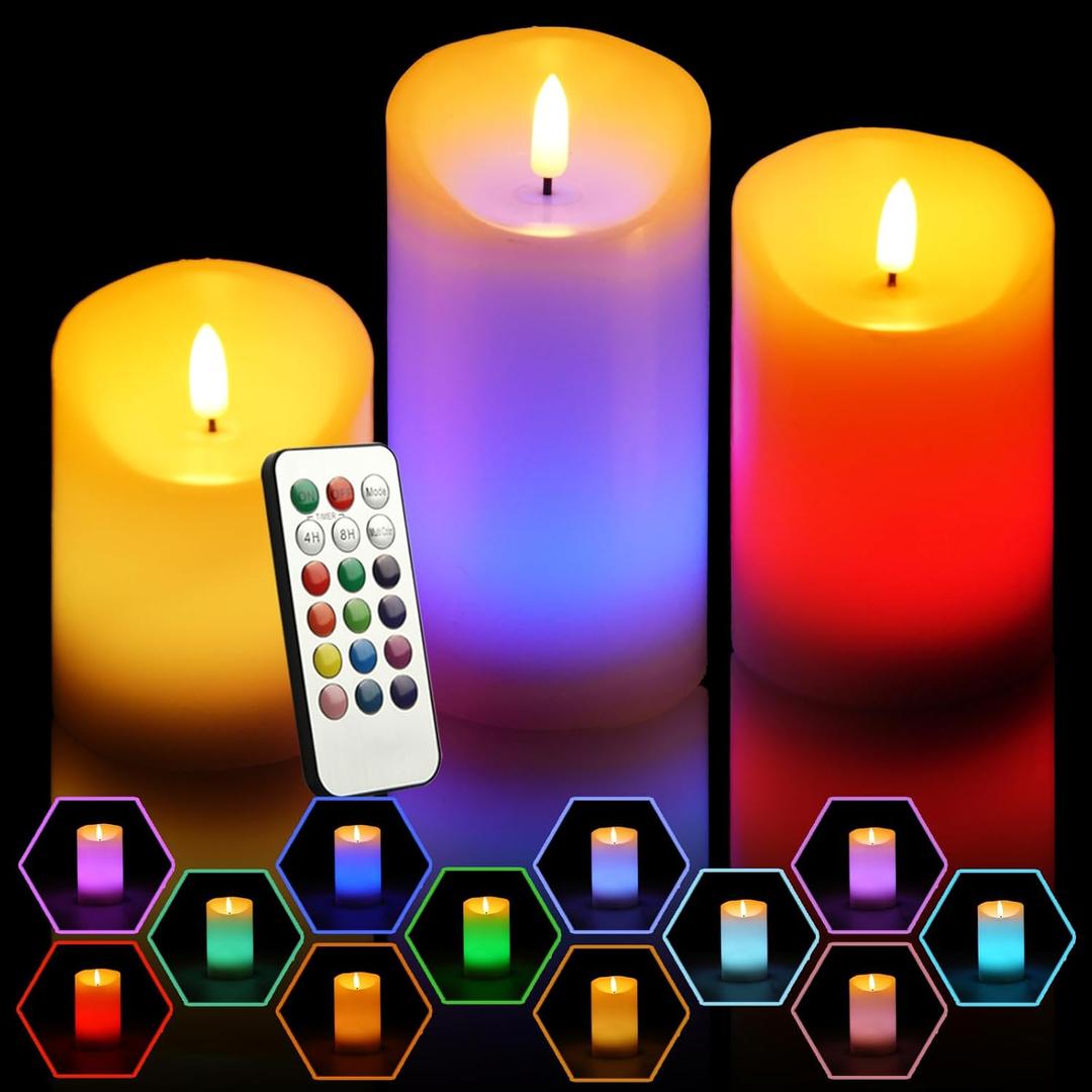 NICEME 3PCS LED Multi Colored Flameless Candles Battery Operated Flickering Flame Color Changing Candles with Remote Control Real Wax Electric Fake Candles, D3 x H4 5" 6"