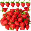 CLESDF 40Pcs Fake Plastic Strawberries, Artificial Lifelike Fruit Red Strawberries with Green Stem and Leaf for Home Kitchen Party Decor Photography Prop