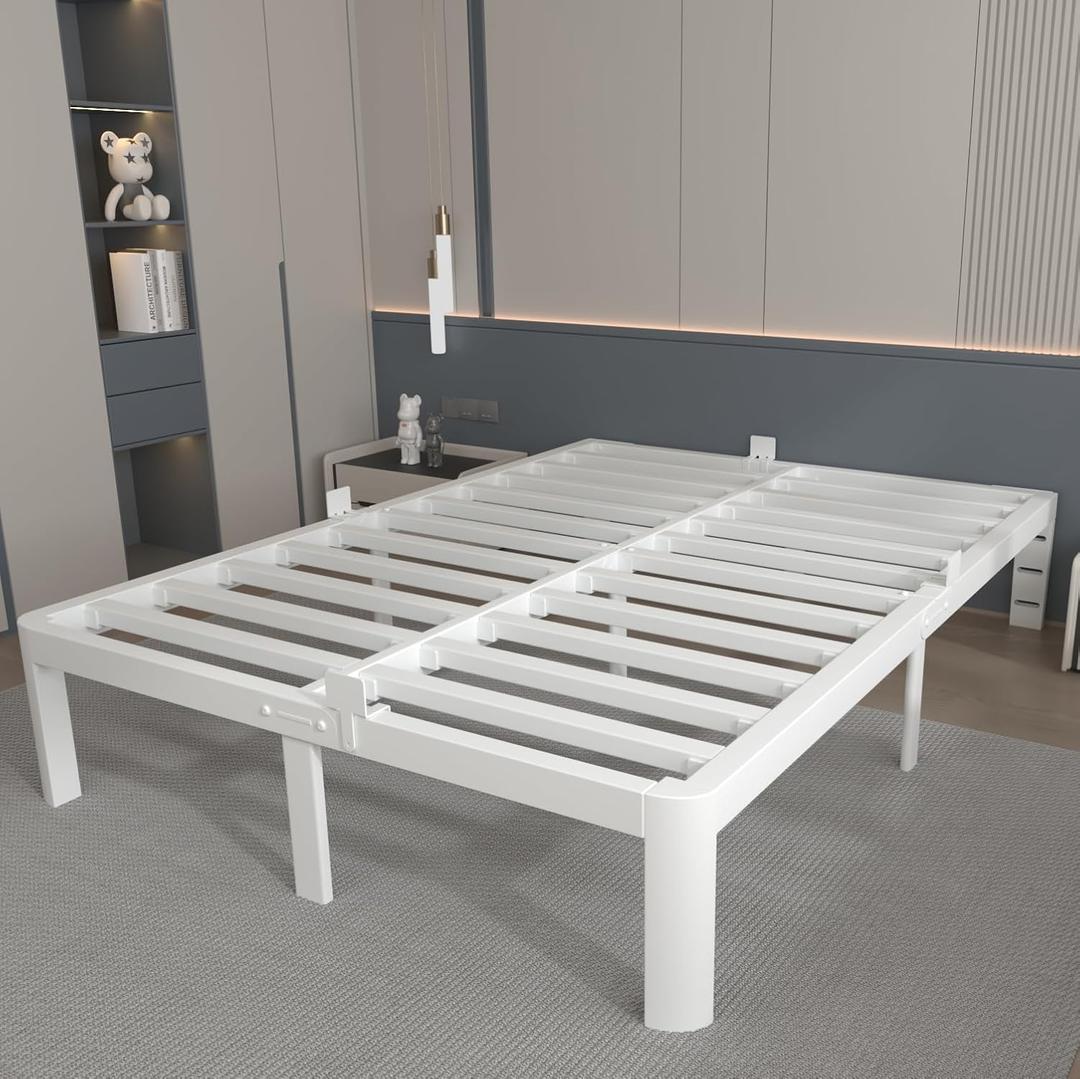 12 Inch White Full Size Bed Frame with Baffles, Metal Full Bed Frame No Box Spring Need, Heavy Duty Steel Platform Support, Reserved Holes, Round Corner Legs, Storage Space, Noiseless