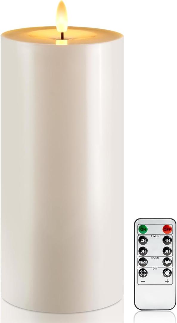 Raycare 4'' X 10'' Large Waterproof Outdoor Flameless Candle, Battery Operated LED Candles with Remote Control and Timer, Electric Fake Plastic Pillar Candles, Ivory