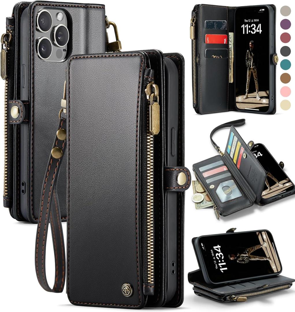 Defencase iPhone 13 Pro Max Case, Elegant Black, RFID Blocking Wallet for Women Men with Card Holder, Zipper, Magnetic Flip, PU Leather, Compatible with Wireless Charging & Kickstand