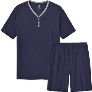 MoFiz Mens Pajama Sets Short Pijama 2 Piece Summer House Lounge Sleep Sets Pj's Lightweight Night Suits Comfy Soft (Blue, XL)