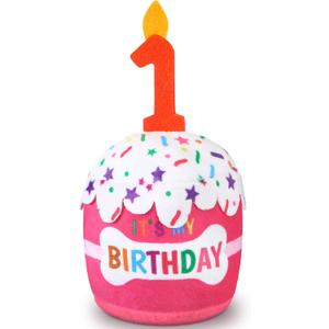 Dog 1st Birthday Cake Toy Accessories for Girl Boy Gifts, Pink Squeaky Plush Toy for Dog Birthday Party Decor Favor for Large, Medium and Small Dogs