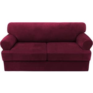 H.VERSAILTEX Sofa Cover 3 Piece T Cushion Sofa Slipcovers Thick Velvet Couch Cover Furniture Protector Stretch T Cushion Sofa Covers for 2 Cushion Couch with 2 Individual T Cushion Covers, Burgundy