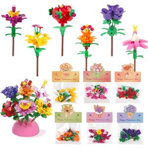 24 Pack Prefilled Valentine's Flower Bouquets Building Blocks - Ideal for Kids Classroom Exchange, Party Favors, and School Gifts,Valentine Party Favor, Valentine's Greeting Cards.