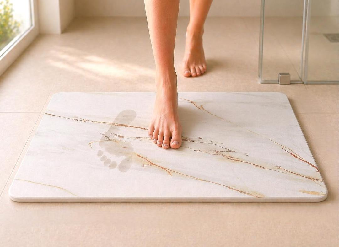 Stone Bath Mat, Diatomaceous Earth Shower Mat, Non-Slip Super Absorbent Quick Drying Bathroom Floor Mat, 2 Pack, Marble White, Large