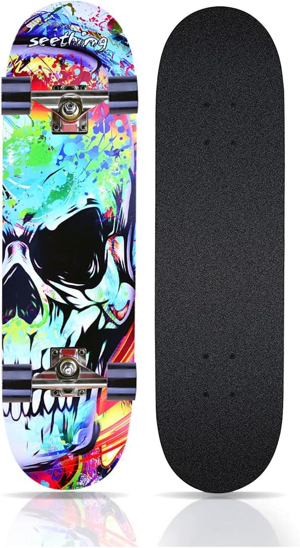 Skateboards for Beginners Kids Boys Girls and Adults,31''x8'', 7-Layer Maple, Double Kick Concave, Fascinating Cool, Solid&Durable (Colorful skeletons 02)