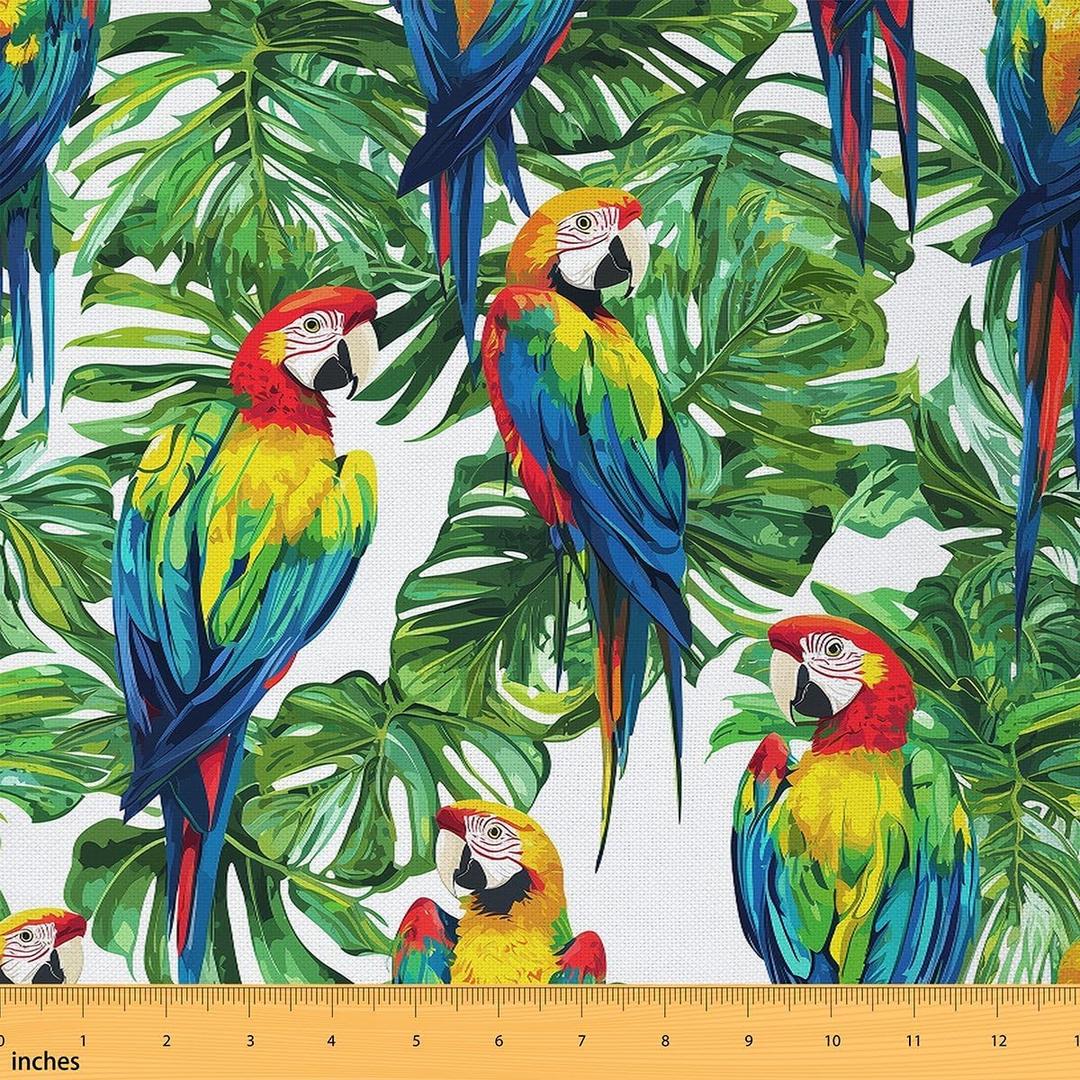 Parrot Upholstery Fabric By The Yard, Hawaiian Tropical Leaves By The Yard, Birds Floral Decorative Waterproof Outdoor Fabric, Upholstery and Home Accents, DIY Art, 5 Yards, Green Blue