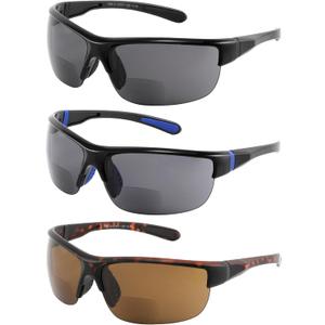 Yogo Vision Bifocal Sports Sunglasses Mens Wrap Around Half Rim Sunglasses Readers 3PK (Black, Brown Havana, Black and Blue) -+1.50