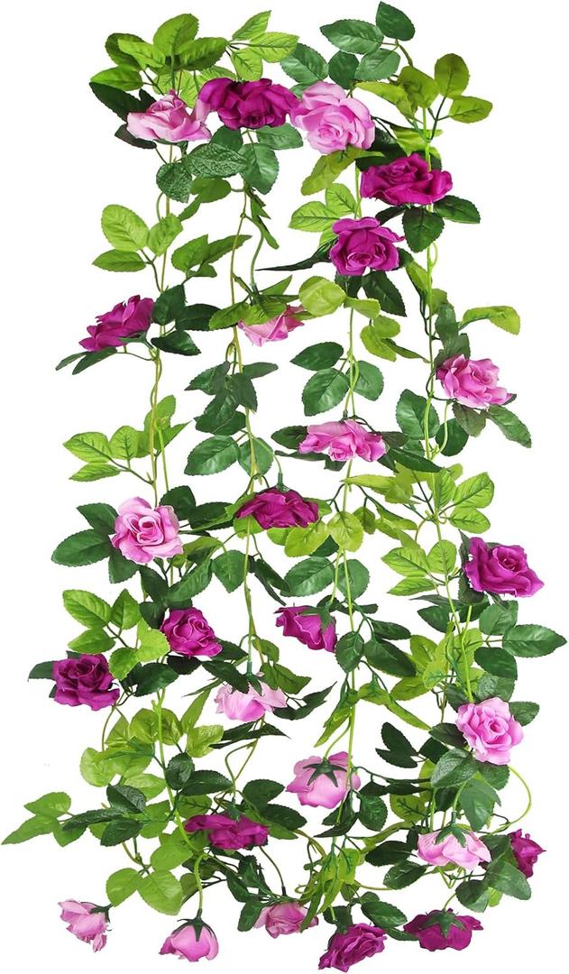 2 Pcs Artificial Rose Garland Spring Flowers Vines Hanging Outdoors Silk Rose Vine 15.8ft Silk Flowers Rose Ivy Vines Flower Garland for Backdrop Bedroom Wedding Arch Decor Wall Party Home Pink (Fuchsia)