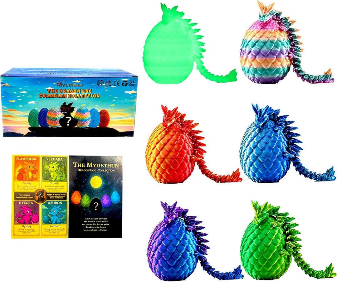 Mydethun 6 PCS 3D Printed Dragon Eggs, 1 Glow in the Dark Dragon - Customizable Lore Cards, Articulated Fidget Toy Set, Easter Basket Fillers, Birthday Party Favors, Classroom Prizes