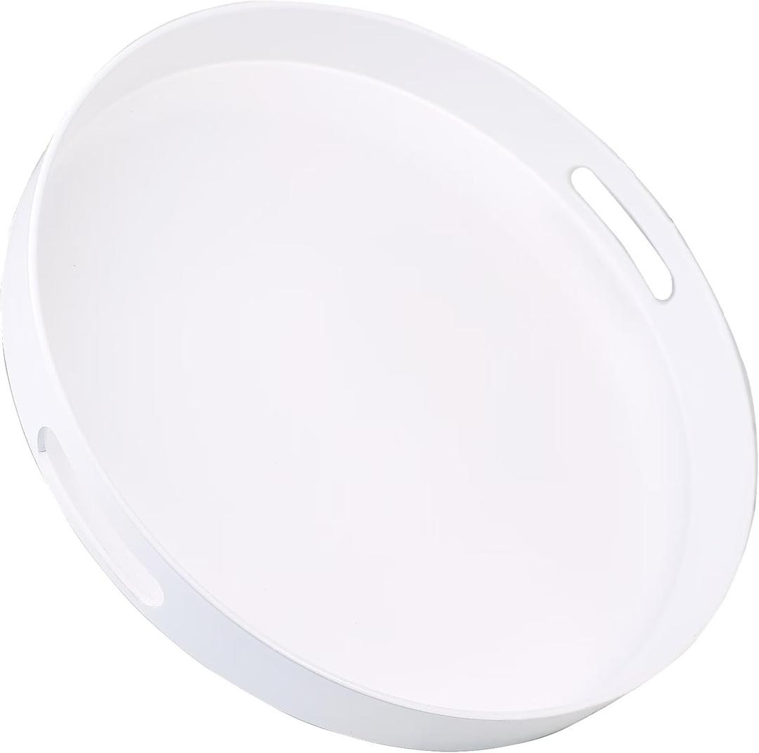 Round White Decorative Serving Tray with Handles, 13 Versatile Ottoman Tray for Coffee Table, Entertaining, Outdoor Patio, Living Room