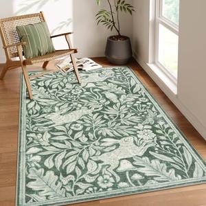 Lahome Rabbit 5x7 Washable Rugs for Living Room, Animal Soft Rugs for Dining Room, Whimsical Forest Woodland Print Green Carpet for Bedroom, Nature Non Shedding Non Slip Carpets Accent Rug