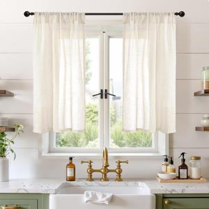 BGment Beige Linen Curtains 45 Inch Length for Short Kitchen Cafe Window - Small Cream Semi Sheer Drapes with Rod Pocket Rustic Natural for Bathroom Lightweight, 2 Panels, Each Panel 30 Inch Wide