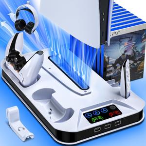PS5/Slim/Pro Cooling Station with Controller Charging Station for Sony PSP Console Playstation 5 Slim&Standard Disc/Digital Console, PS5 Pro Stand Cooler Accessories Incl Cooling Fan/3 USB Hubs (White)