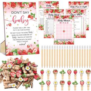 Patelai 321 Pcs Strawberry Baby Shower Game Supplies for Girl 5 Set Include 50 Activity Cards 20 Pencils 1 Don't Say Baby Sign 50 Clothespins for Price Is Right Prediction Bingo Game Party Decor