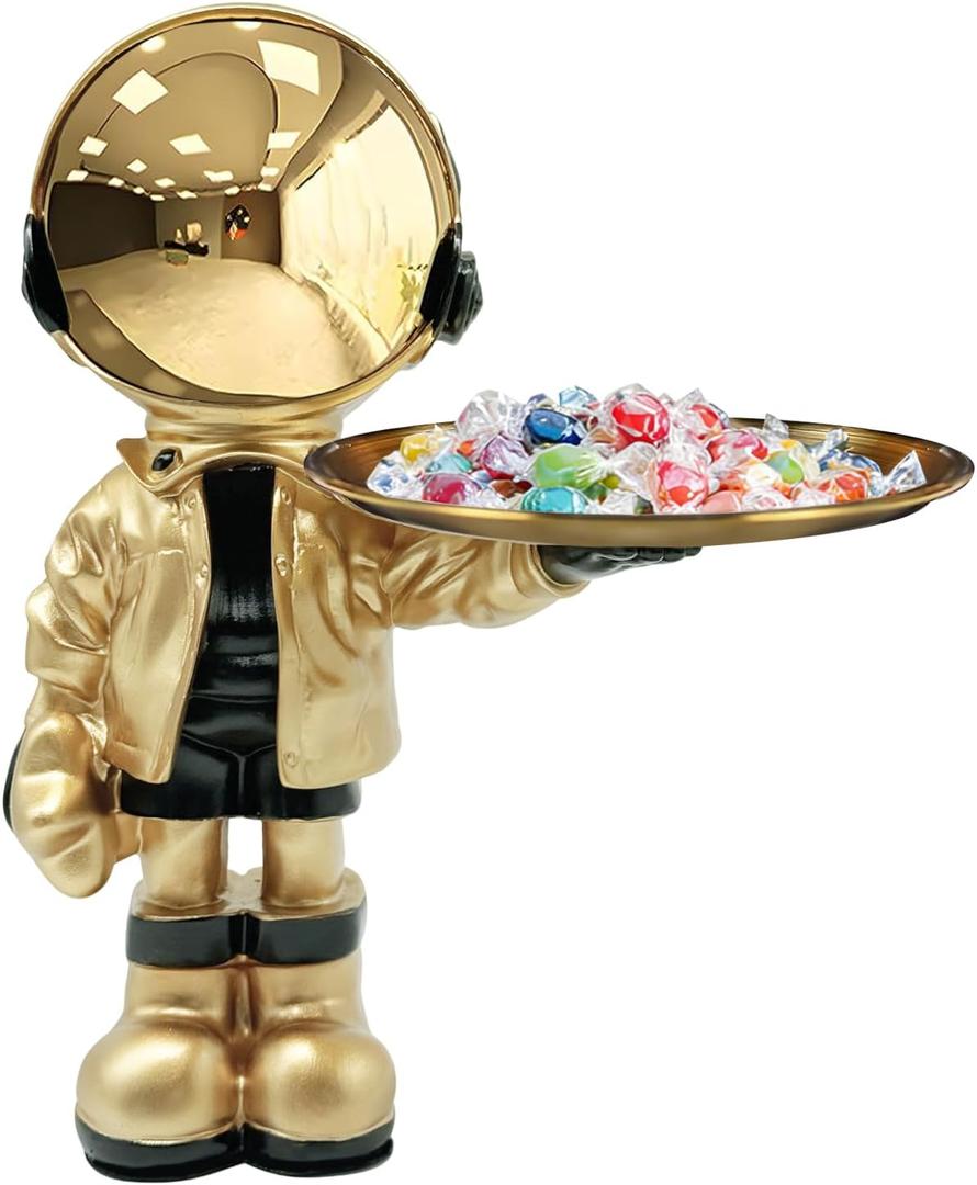 Dosker Astronaut Statues with Candy Dish & Key Dish,Spaceman Sculpture Polyresin Arts Gifts,Figurine Ornament Room Decor for Men,Tabletop Decoration for Living Room, Office, Entryway(Golden) (Large)