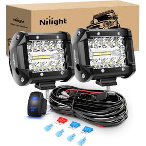 Nilight 2PC 4Inch Triple Row Lights 60W Flood Spot Combo 6000LM Bar Driving Boat Led Off Road Trucks with 12V On/Off 5 Pin Rocker Switch Power 16AWG Wiring Harness Kit-2 Leads