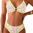 Tainehs Women's Two Piece Bikini Sets O Ring Front Top Ditsy Floral Triangle Swimsuits Cheeky Bathing Suit