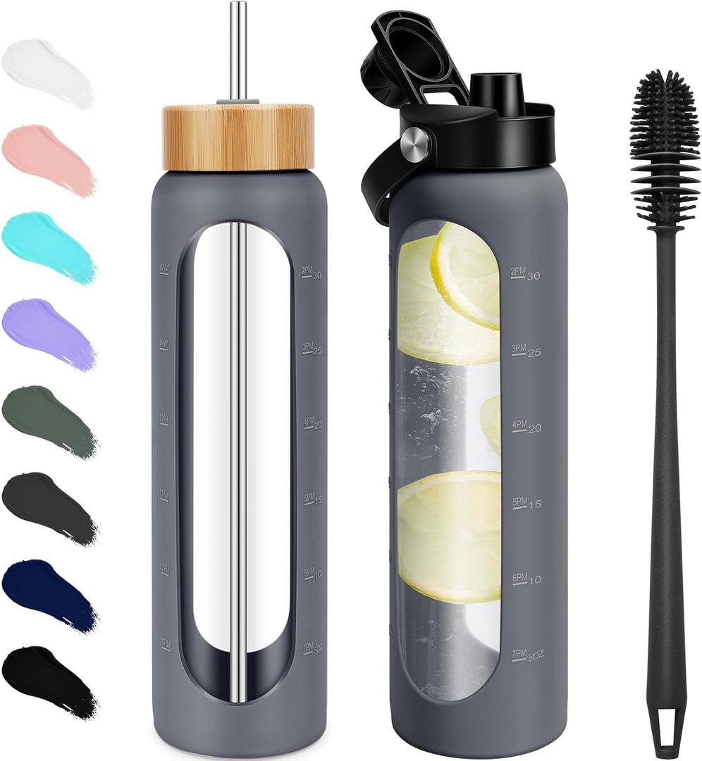 32 oz Glass Water Bottles - 1 Liter Motivational Tumbler Water Bottle Time Marker - Borosilicate Glass Water Bottle With Silicone Sleeve and 2 Lids, Handle Spout & Bamboo Straw Lid (Charcoal Grey)