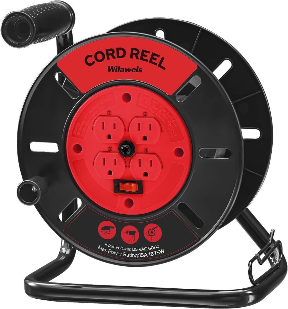 Extension Cord Storage Reel with 4-Grounded Outlets, 15A Circuit Breaker, Heavy Duty Open Cord Reel for 12/3,14/3,16/3 Gauge Power Cord, Hand Wind Retractable, ETL Listed, Red R95CR06
