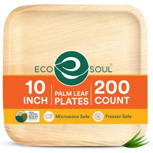 ECO SOUL Compostable 10 Inch Palm Leaf Square Plates (200 Count) Like Bamboo Plates | Biodegradable | Eco-Friendly, Microwave & Oven Safe (10" Square Plates)