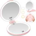 FUNTOUCH Travel Mirror with Light, 10X 1X Double Sided Magnification Rechargeable Mirror for Women Girls with 3 Color Setting Adjustable Rotation LED Vanity, Pink
