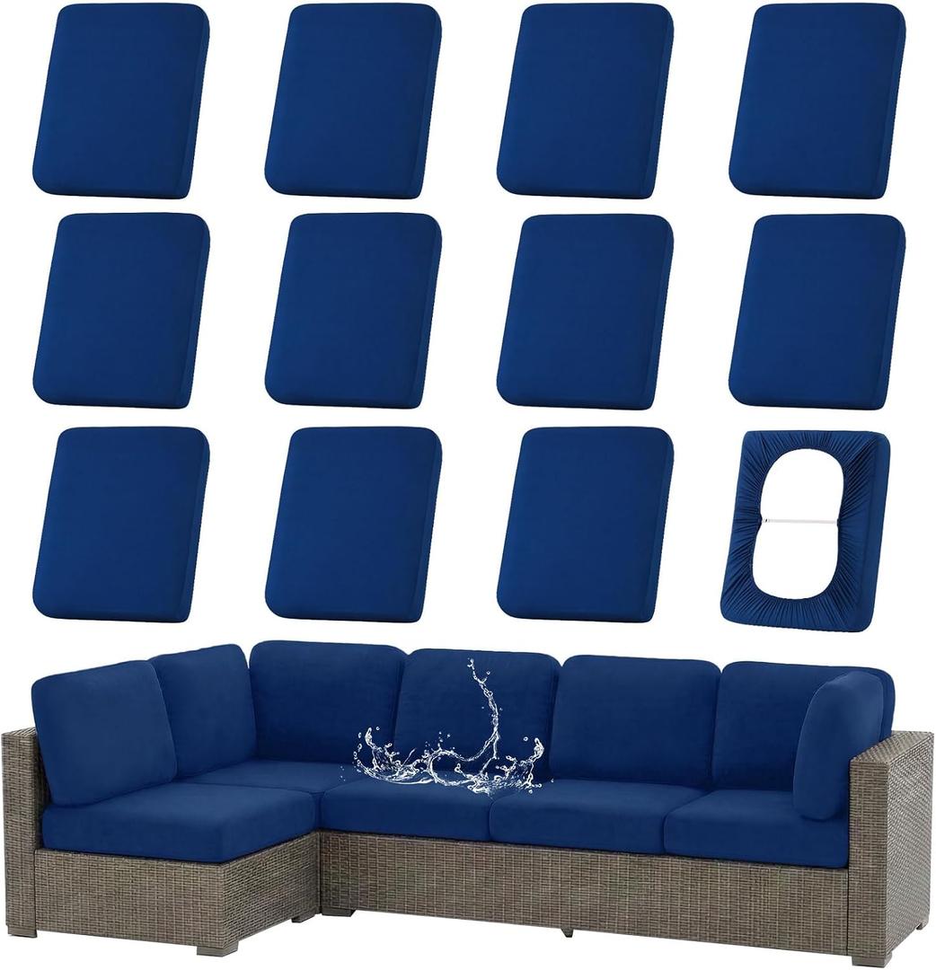 hyha Waterproof Outdoor Cushion Covers for Patio Furniture, Stretch Patio Chair Cushion Slipcovers, Coated UV Resistant Replacement Seat Covers, Solid Color (Navy, 12PC)