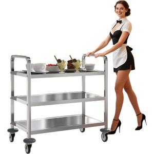 uyoyous 3 Tier Stainless Steel Utility Cart Commercial Serving cart with 360Rotation Wheels Kitchen Island Load Up 400 lbs Stainless Steel Work Cart for Hotel Restaurant Home 30" L x 16" W x 33" H