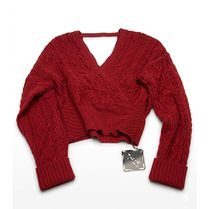 ZAFUL Women's V Neck Cable Knit Sweater Long Sleeve Ribbed Crop Tops Wrap Surplice Solid Casual Pullover Jumper, Red, Large