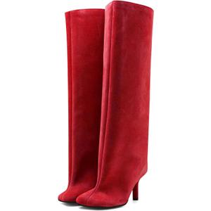 Women's Knee High Suede Boots for Women Wide Calf Square Toe Stiletto Heels Tall Boots Pull On High Heel Long Booties (8, Red)