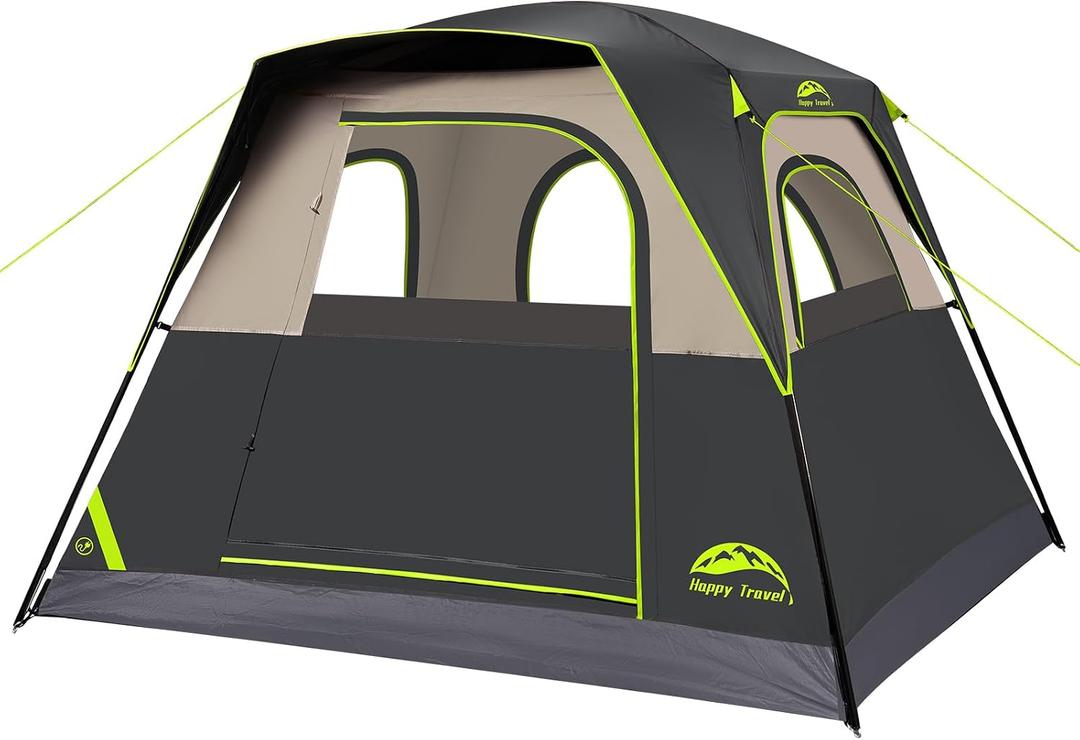 Happy Travel Tent 4 Person Tents for Camping, Waterproof Easy Setup Camping Tent with Top Rainfly, Portable Tall Cabin Tent with 4 Mesh Windows and Carry Bag for Outdoor Camping & Hiking