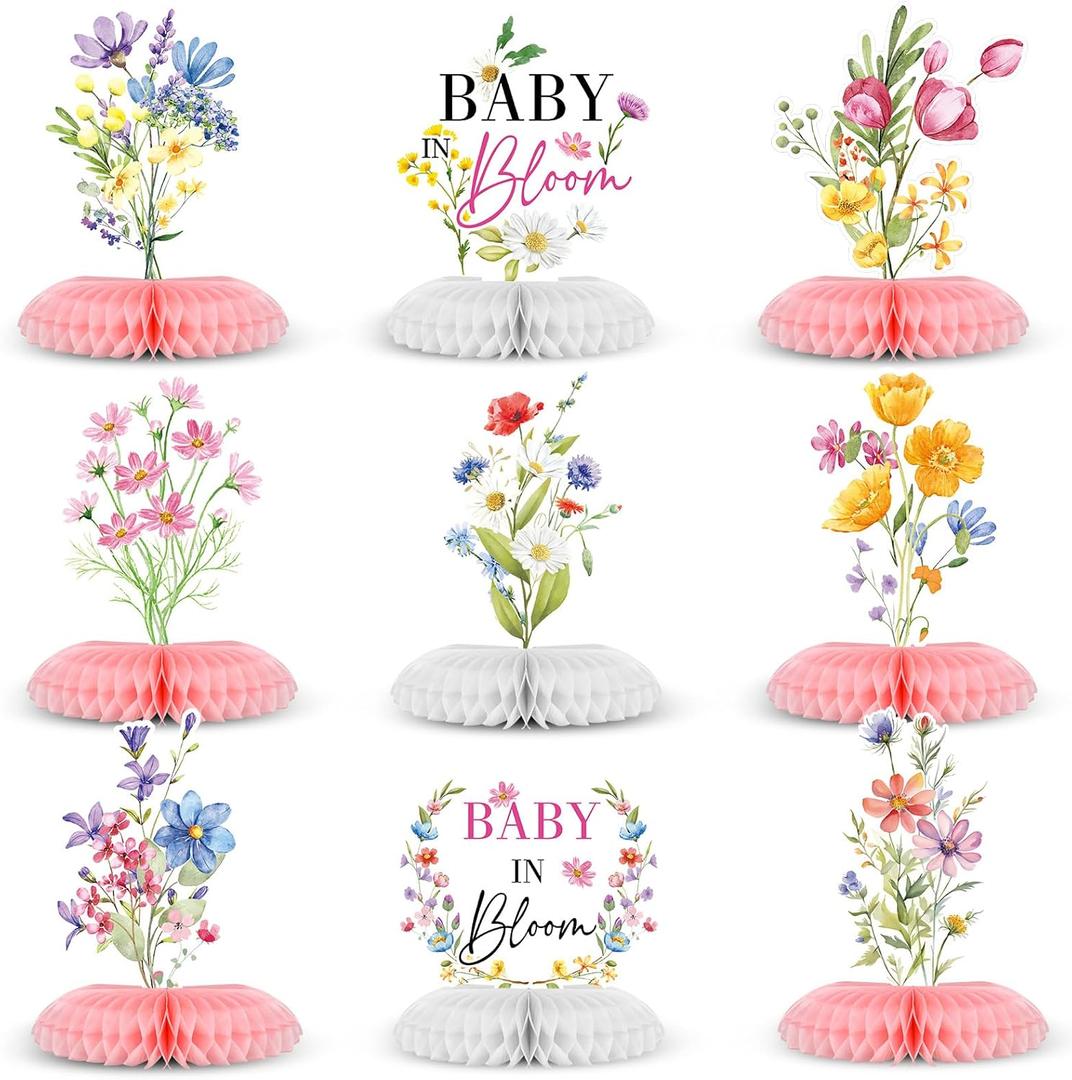 9 Pcs Wildflower Baby in Bloom Baby Shower Decoration Spring Floral Flower Theme Honeycomb Centerpiece for Table Decor