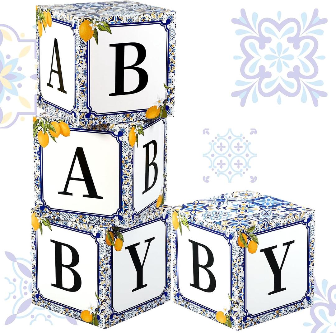 4 Pcs 11.8 Inch Capri Lemon Baby Shower Party Decorations Amalfi Coast Baby Shower Boxes with Letters Gender Reveal Backdrop First Birthday Centerpiece Decor