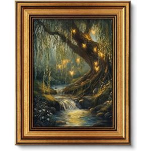 Vintage Gold Framed Forest Wall Art Dark Whimsical Tree Painting Picture Wall Decor Fairy Enchanted Forest Poster Print Artwork for Bedroom Living Room Bathroom Office Home Decoration, 11"L x 9"W