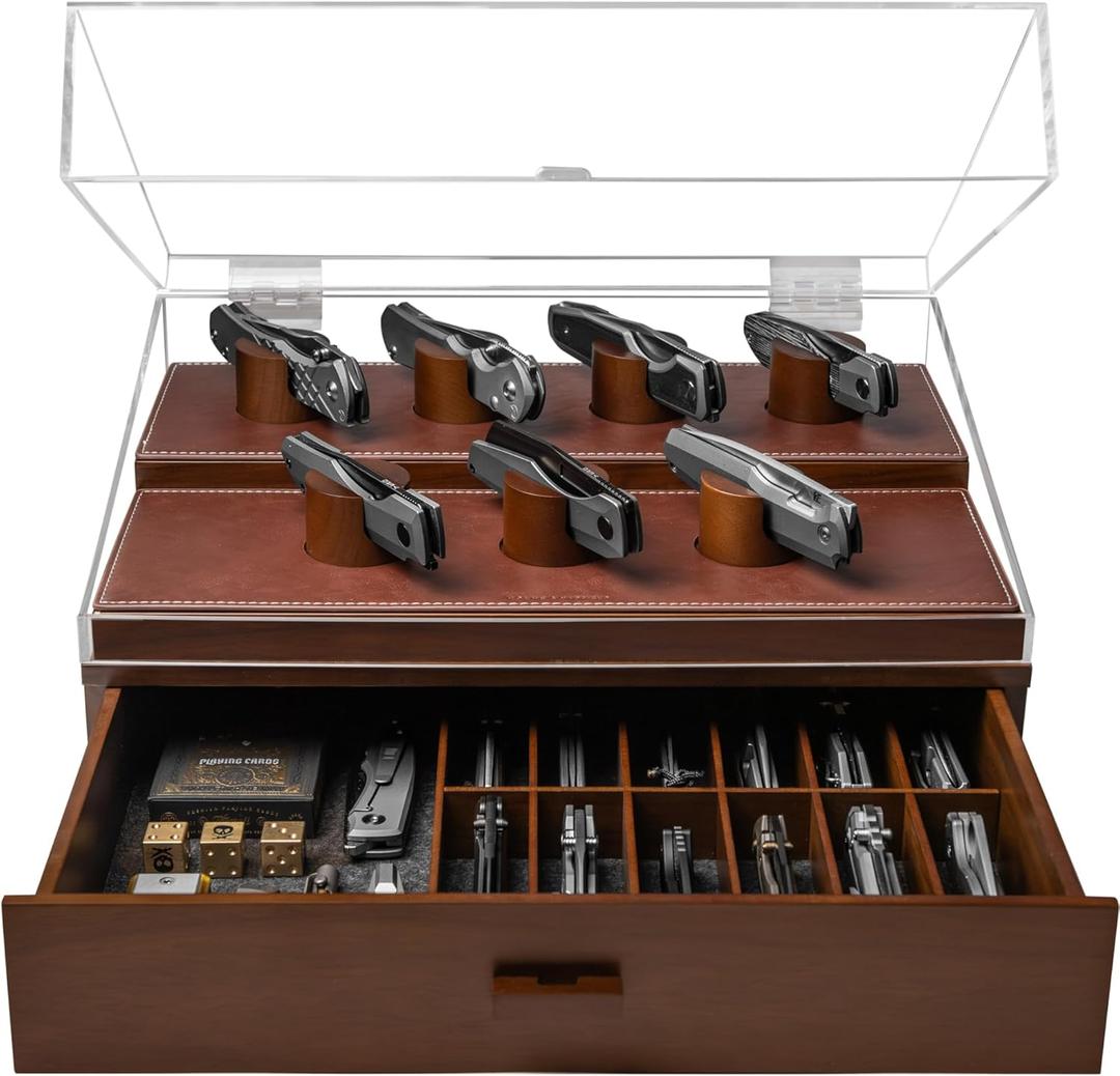 Premium Pocket Knife Display Case for 30 Knives - Large Wooden Knife Organizer, Storage & Holder with Unique Pillars, Hinged Cover, Drawer - Knife Collection Box - Handcrafted Birthday Gift for Men