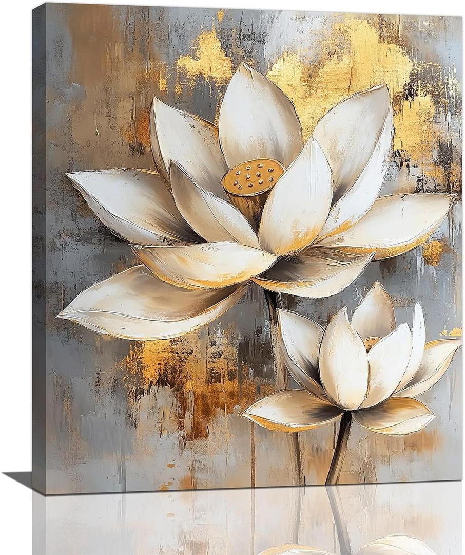 Olivine Zen Wall Art, Lotus Pictures Wall Decor, White and Golden Lotus Flower Bloom Painting Canvas Prints, Framed Artwork for Bedroom Bathroom Living Room Office Spa Meditation Yoga 24"x20"