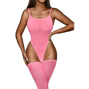 Kaei&Shi High Cut Bodysuit & Thigh High,Sheer Mesh Spaghetti Strap Sexy Tops Women,Low Back Snap Body Suit Rave Festival Club (6-8, Pink)