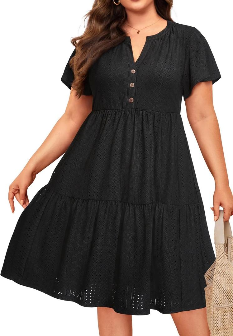 Plus Size Summer Dress - Casual Sundress Beach Short Sleeve V Neck Tiered Button Up Boho Midi Flowy Sun Dresses Women (Black Eyelet) 24 Plus